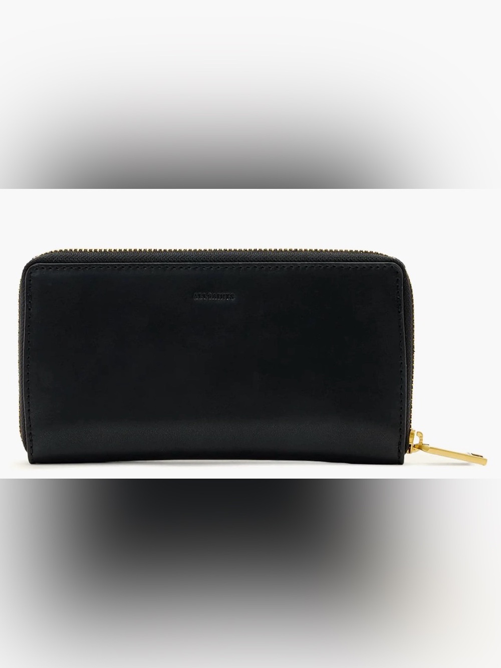 All Saints Black Leather Zip-Around Wallet with Gold Hardware